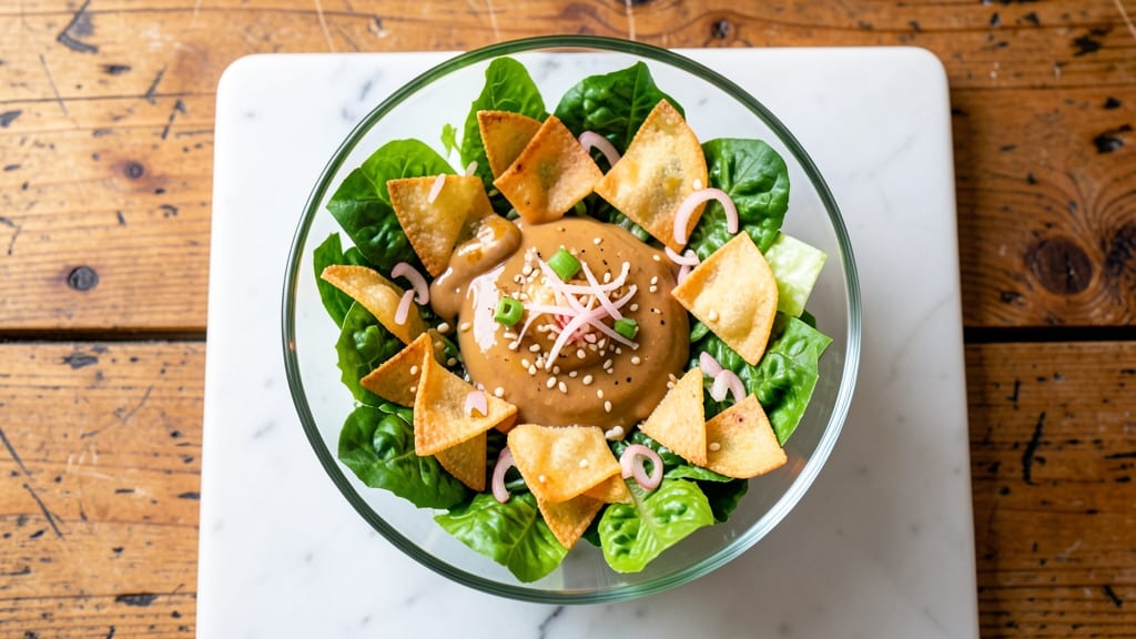 Asian Caesar Salad Recipe: Crispy Wonton Strips Over Umami Soy-Ginger Dressing