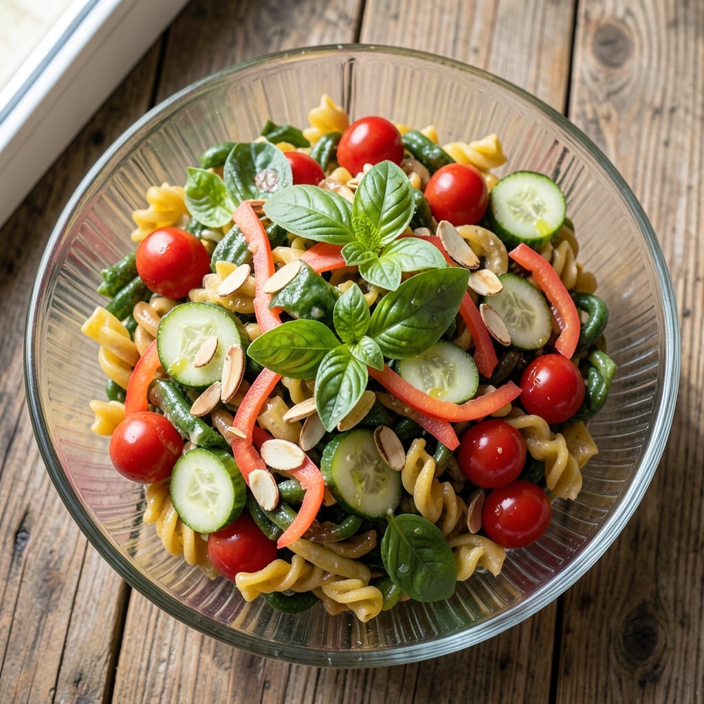 3 Color Pasta Salad Recipe: Rainbow Vibes with Crunchy Almond Topping