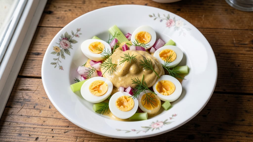 British Egg Salad Recipe: Crisp Celery Crowns and Zesty Mustard Twist