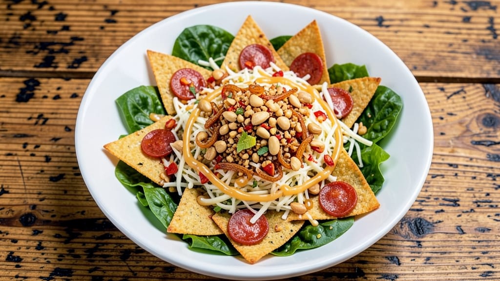 California Pizza Thai Crunch Salad Recipe: Crispy Tortilla Strips Over Zesty Peanut-Lime Vinaigrette