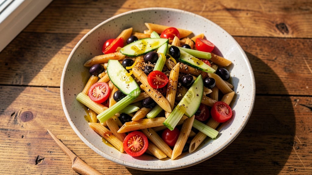 Basic Pasta Salad Recipe With Italian Dressing: Crisp Celery Crowns Over Zesty Basil Vinaigrette