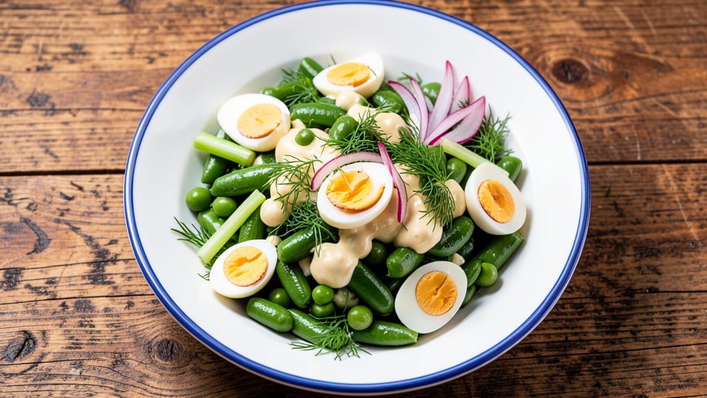 Pea Salad Recipe with Boiled Eggs: Creamy Dill Yolk Swirls and Crunchy Celery Bites