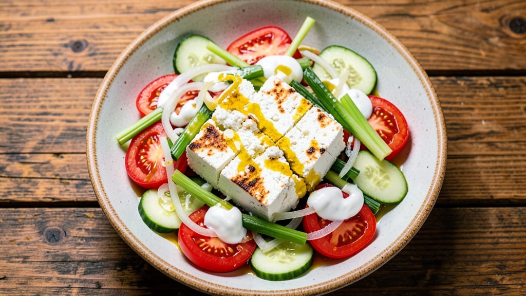 Bulgarian Shopska Salad Recipe: Crisp Celery Crowns Over Tangy Yogurt Dressing