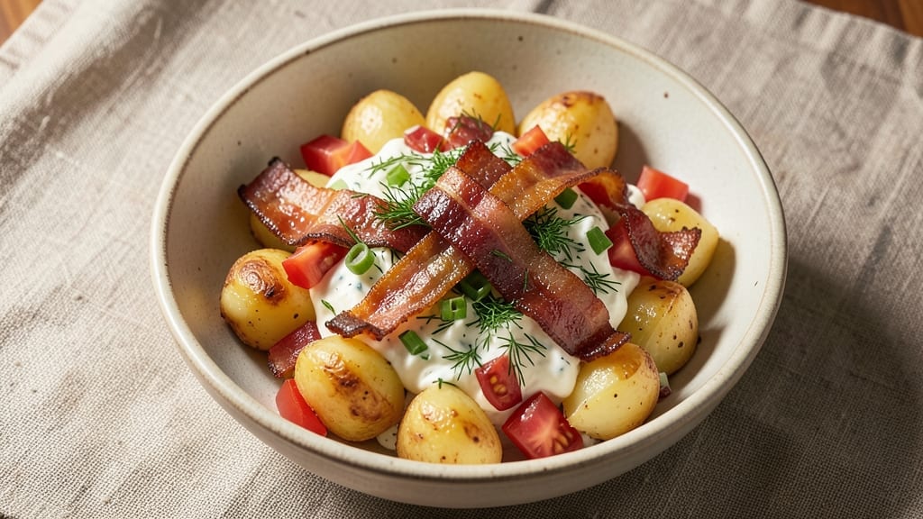 Baked Potato Salad Recipe with Bacon: Smoky Crispy Bits Over Creamy Dill Dressing