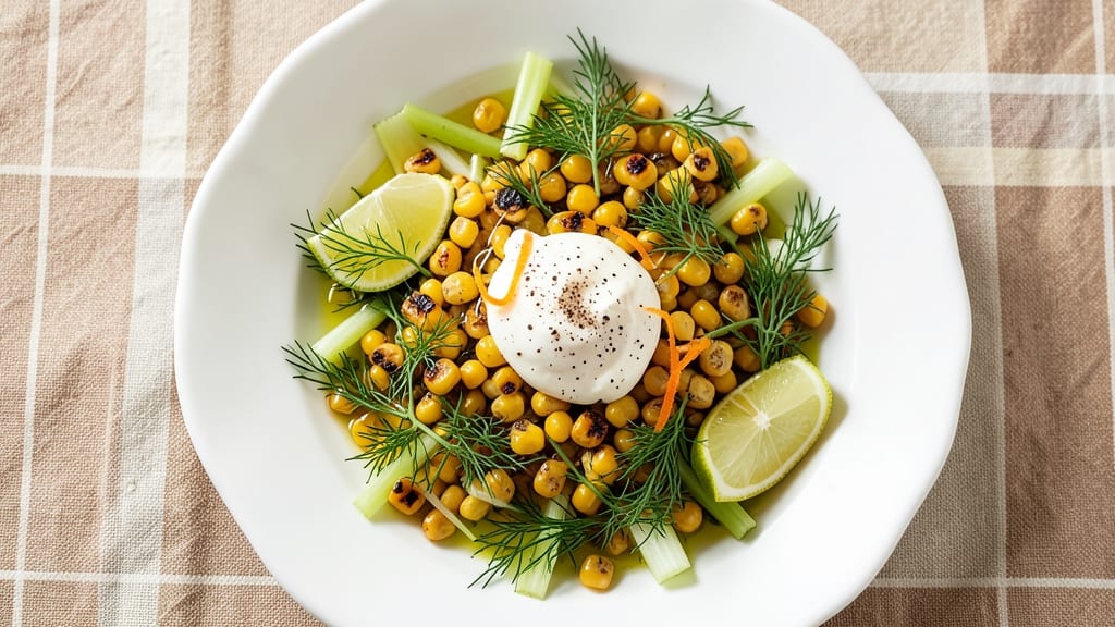 Fogo De Chao Corn Salad Recipe: Charred Corn and Crispy Celery Crowns Over Creamy Lime-Dill Dressing