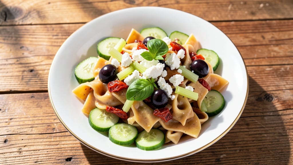 Bow Tie Greek Pasta Salad Recipe: Crispy Celery Crowns Over Zesty Oregano Dressing