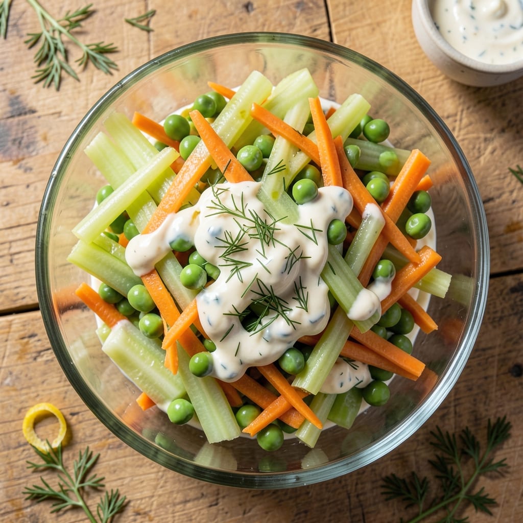 3 Sisters Salad Recipe: Crisp Celery, Carrot, and Peas in Creamy Dill Dressing